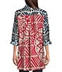 John Mark Medallion Abstract Print Point Collar Long Roll-Tab Sleeve Button Front Tunic, Color:Blue Print - Image 2