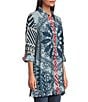 John Mark Medallion Abstract Print Point Collar Long Roll-Tab Sleeve Button Front Tunic, Color:Blue Print - Image 3