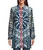 John Mark Medallion Abstract Print Point Collar Long Roll-Tab Sleeve Button Front Tunic, Color:Blue Print - Image 5