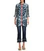 John Mark Medallion Abstract Print Point Collar Long Roll-Tab Sleeve Button Front Tunic, Color:Blue Print - Image 6