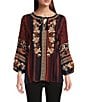 Color:Multi - Image 1 - Mix Print Embroidered Stripe Y-Neck 3/4 Bubble Sleeve Tassel Tie Tunic