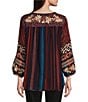 Color:Multi - Image 2 - Mix Print Embroidered Stripe Y-Neck 3/4 Bubble Sleeve Tassel Tie Tunic