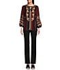 Color:Multi - Image 3 - Mix Print Embroidered Stripe Y-Neck 3/4 Bubble Sleeve Tassel Tie Tunic