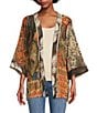 Color:Multi - Image 1 - Mix Print Open Front Multi Color Tassel Detailed 3/4 Sleeve Kimono Statement Jacket