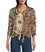 John Mark Mixed Animal And Floral Print Ditsy Point Collar Dolman Cinched Sleeve Button Front Tie Blouse, Color:Multi - Image 1
