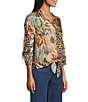 John Mark Mixed Animal And Floral Print Ditsy Point Collar Dolman Cinched Sleeve Button Front Tie Blouse, Color:Multi - Image 3