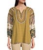 Color:Multi - Image 1 - Mixed Media 3/4 Sleeve Split V-Neck Embroidered High-Low Top