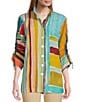 Color:Stripe Multi - Image 1 - Mixed Stripe Print Point Collar Cinched 3/4 Tie Sleeve Button Front Top