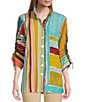 John Mark Mixed Stripe Print Point Collar Cinched 3/4 Tie Sleeve Button Front Top - Image 1