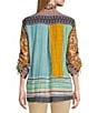 Color:Stripe Multi - Image 2 - Mixed Stripe Print Point Collar Cinched 3/4 Tie Sleeve Button Front Top