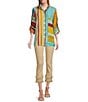 Color:Stripe Multi - Image 3 - Mixed Stripe Print Point Collar Cinched 3/4 Tie Sleeve Button Front Top