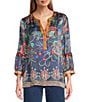 John Mark Multi Mixed Floral Paisley Print Button Up Y-Neck 3/4 Sleeve Tunic, Color:Floral Multi - Image 1