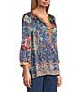 John Mark Multi Mixed Floral Paisley Print Button Up Y-Neck 3/4 Sleeve Tunic, Color:Floral Multi - Image 3