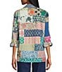 John Mark Multi Print Patched Point Collar Long Roll-Tab Sleeve Button Front Tunic, Color:Multi - Image 2