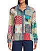 John Mark Multi Print Patched Point Collar Long Roll-Tab Sleeve Button Front Tunic, Color:Multi - Image 3