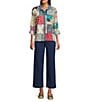 John Mark Multi Print Patched Point Collar Long Roll-Tab Sleeve Button Front Tunic, Color:Multi - Image 5