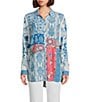 John Mark Multi Print Point Collar Long Roll-Tab Sleeve Button Front Top, Color:Blue - Image 1