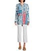 John Mark Multi Print Point Collar Long Roll-Tab Sleeve Button Front Top, Color:Blue - Image 3