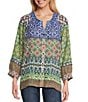 John Mark Multi Print Y-Neck 3/4 Raglan Sleeve Button-Front Top, Color:Multi - Image 1