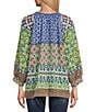 John Mark Multi Print Y-Neck 3/4 Raglan Sleeve Button-Front Top, Color:Multi - Image 2