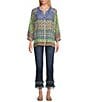 John Mark Multi Print Y-Neck 3/4 Raglan Sleeve Button-Front Top, Color:Multi - Image 3
