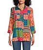 Color:Geo Muti - Image 1 - Multi Woven Wire Collared Button Front 3/4 Sleeve Camp Shirt