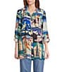 John Mark Novelty Travel Print Point Collar Roll-Tab Sleeve Button Front Tunic, Color:Travel Print - Image 1