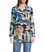 John Mark Novelty Travel Print Point Collar Roll-Tab Sleeve Button Front Tunic, Color:Travel Print - Image 2