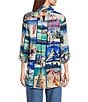 John Mark Novelty Travel Print Point Collar Roll-Tab Sleeve Button Front Tunic, Color:Travel Print - Image 3