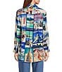John Mark Novelty Travel Print Point Collar Roll-Tab Sleeve Button Front Tunic, Color:Travel Print - Image 4