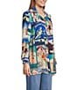 John Mark Novelty Travel Print Point Collar Roll-Tab Sleeve Button Front Tunic, Color:Travel Print - Image 6