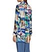 John Mark Novelty Travel Print Point Collar Roll-Tab Sleeve Button Front Tunic, Color:Travel Print - Image 8