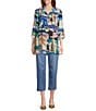 John Mark Novelty Travel Print Point Collar Roll-Tab Sleeve Button Front Tunic, Color:Travel Print - Image 9