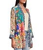 Color:Floral Multi - Image 4 - Patch Print Floral Embriodered Open Front 3/4 Sleeve Kimono