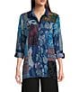Color:Patch Multi - Image 1 - Patchwork Print Button Front Long Roll-Tab Sleeve Blouse