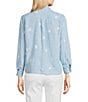 John Mark Petite Size Allover Embroidered Stars Wire Collar Long Roll-Tab Sleeve Button Front Tie Blouse, Color:Chambray - Image 2