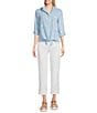 John Mark Petite Size Allover Embroidered Stars Wire Collar Long Roll-Tab Sleeve Button Front Tie Blouse, Color:Chambray - Image 3