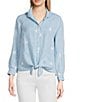 John Mark Petite Size Allover Embroidered Stars Wire Collar Long Roll-Tab Sleeve Button Front Tie Blouse, Color:Chambray - Image 4