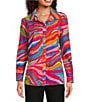 John Mark Petite Size Allover Eyelet Embroidered Watercolor Print Point Collar Long Roll-Tab Sleeve Button Front Blouse, Color:Multi - Image 1
