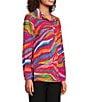 John Mark Petite Size Allover Eyelet Embroidered Watercolor Print Point Collar Long Roll-Tab Sleeve Button Front Blouse, Color:Multi - Image 3