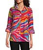John Mark Petite Size Allover Eyelet Embroidered Watercolor Print Point Collar Long Roll-Tab Sleeve Button Front Blouse, Color:Multi - Image 6