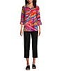 John Mark Petite Size Allover Eyelet Embroidered Watercolor Print Point Collar Long Roll-Tab Sleeve Button Front Blouse, Color:Multi - Image 5