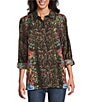 John Mark Petite Size Animal Skin Floral Multi Print Point Collar Long Roll-Tab Sleeve Button Front Tunic, Color:Animal Skin Multi - Image 1