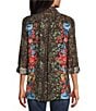John Mark Petite Size Animal Skin Floral Multi Print Point Collar Long Roll-Tab Sleeve Button Front Tunic, Color:Animal Skin Multi - Image 2