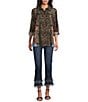 John Mark Petite Size Animal Skin Floral Multi Print Point Collar Long Roll-Tab Sleeve Button Front Tunic, Color:Animal Skin Multi - Image 8