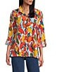 John Mark Petite Size Embroidered Abstract Leaf Print Wire Collar 3/4 Roll-Tab Sleeve Hi-Low Hem Button Front Tunic, Color:Spice Print - Image 1