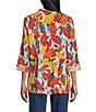 John Mark Petite Size Embroidered Abstract Leaf Print Wire Collar 3/4 Roll-Tab Sleeve Hi-Low Hem Button Front Tunic, Color:Spice Print - Image 2