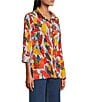 John Mark Petite Size Embroidered Abstract Leaf Print Wire Collar 3/4 Roll-Tab Sleeve Hi-Low Hem Button Front Tunic, Color:Spice Print - Image 3