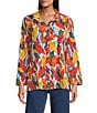 John Mark Petite Size Embroidered Abstract Leaf Print Wire Collar 3/4 Roll-Tab Sleeve Hi-Low Hem Button Front Tunic, Color:Spice Print - Image 5