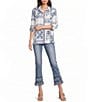 John Mark Petite Size Embroidered Floral Eyelet Patchwork Point Collar Long Roll-Tab Sleeve Button Front Shirt - Image 3